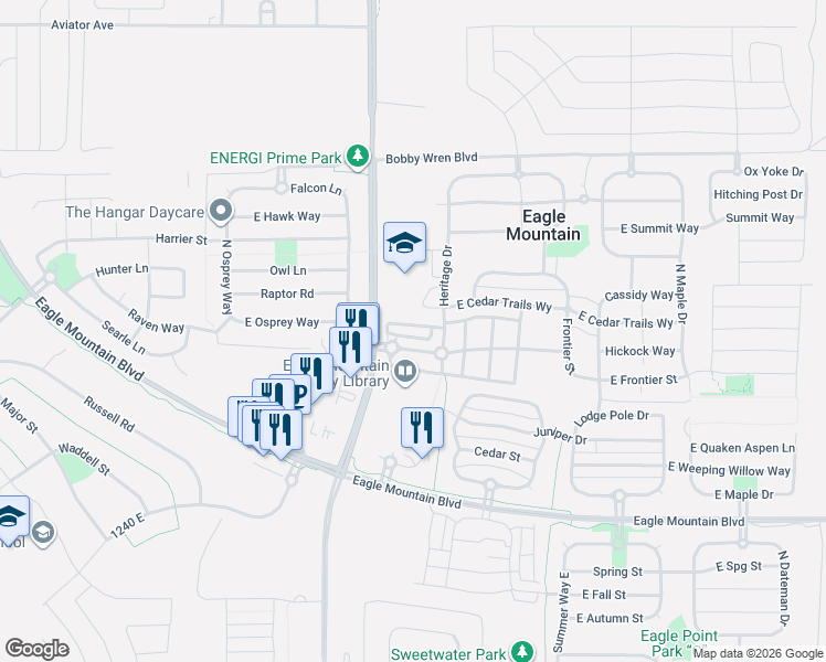 map of restaurants, bars, coffee shops, grocery stores, and more near 1688 E Talon Way in Eagle Mountain