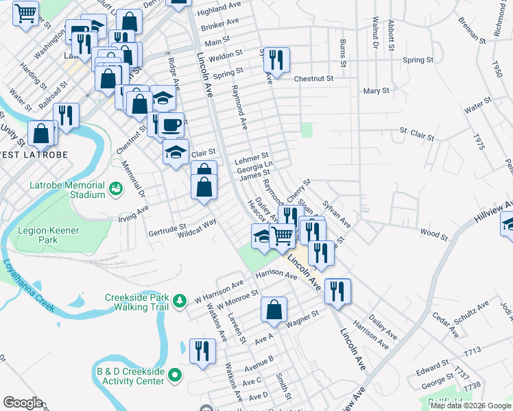map of restaurants, bars, coffee shops, grocery stores, and more near 1733 Dailey Avenue in Latrobe