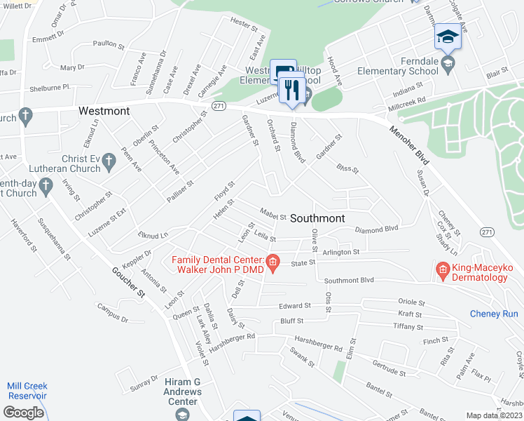 map of restaurants, bars, coffee shops, grocery stores, and more near 235 Mabel Street in Johnstown