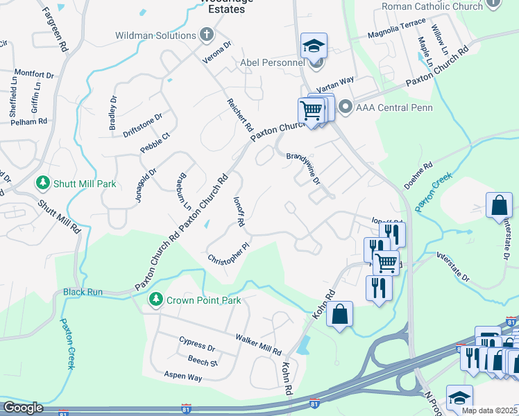 map of restaurants, bars, coffee shops, grocery stores, and more near 2009 Bonita Court in Harrisburg