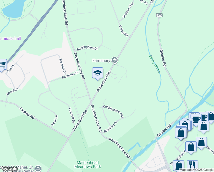 map of restaurants, bars, coffee shops, grocery stores, and more near 4110 Princeton Pike in Princeton