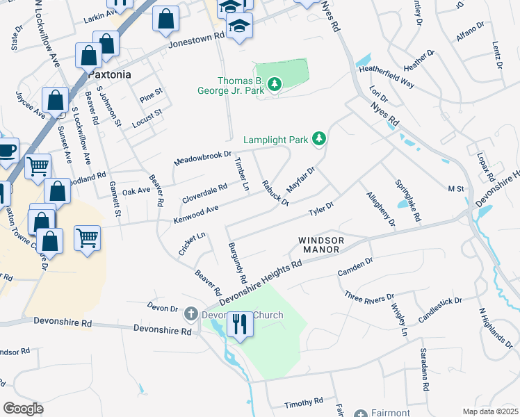 map of restaurants, bars, coffee shops, grocery stores, and more near 5858 Mayfair Dr in Harrisburg