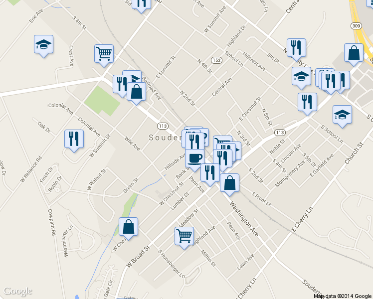 map of restaurants, bars, coffee shops, grocery stores, and more near 142 North Main Street in Souderton