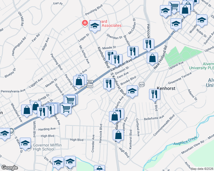 map of restaurants, bars, coffee shops, grocery stores, and more near 1334 Fern Avenue in Reading