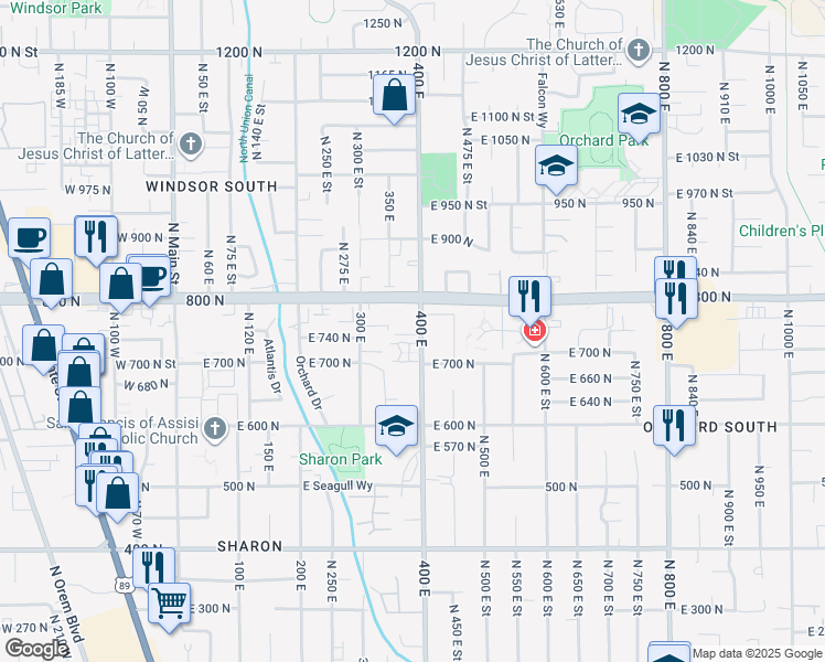 map of restaurants, bars, coffee shops, grocery stores, and more near 385 East 760 North in Orem
