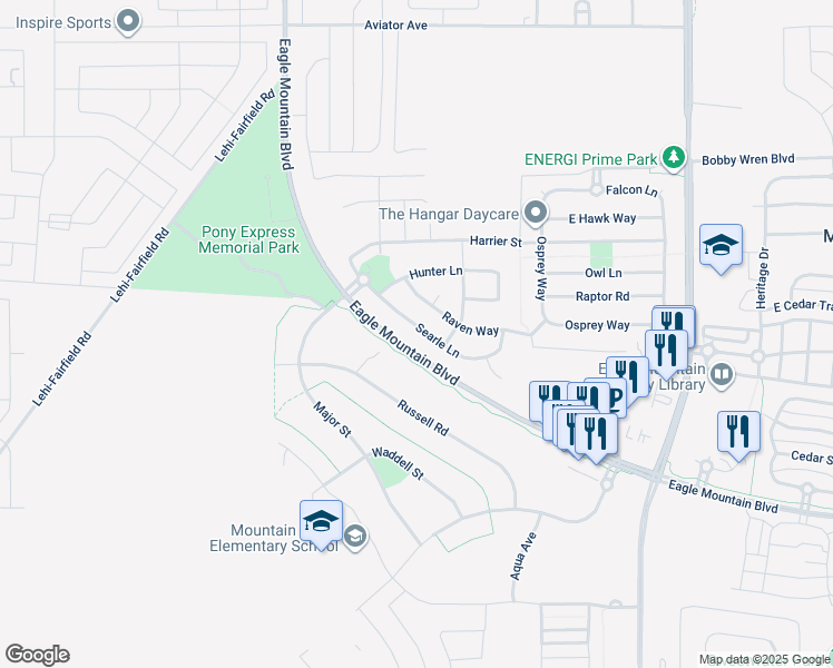 map of restaurants, bars, coffee shops, grocery stores, and more near 1060 Searle Lane in Eagle Mountain