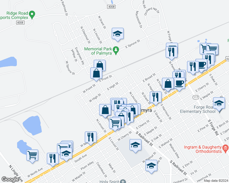 map of restaurants, bars, coffee shops, grocery stores, and more near 231 North Chestnut Street in Palmyra