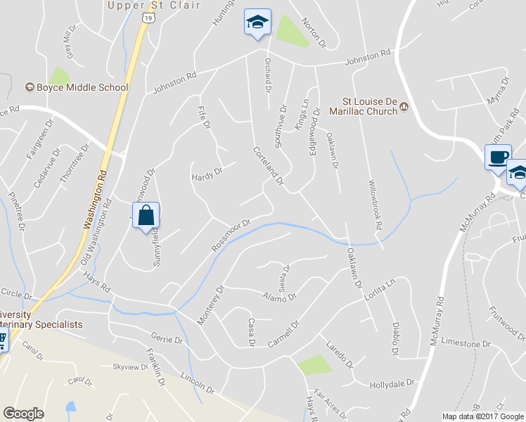 map of restaurants, bars, coffee shops, grocery stores, and more near 2584 Rossmoor Drive in Pittsburgh