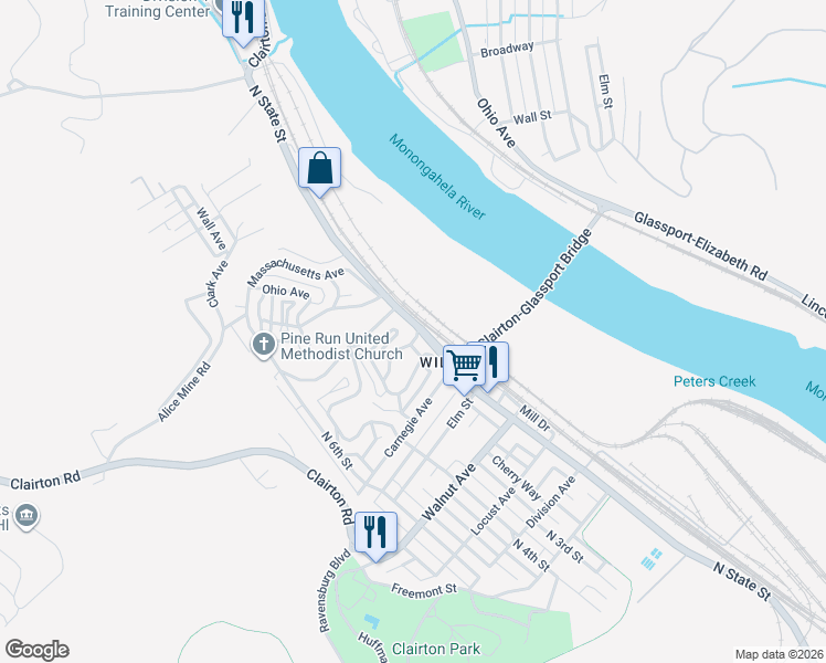 map of restaurants, bars, coffee shops, grocery stores, and more near 801 North State Street in Clairton