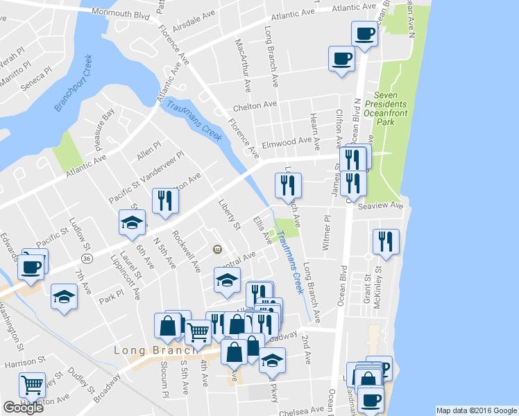 map of restaurants, bars, coffee shops, grocery stores, and more near 225 Seaview Avenue in Long Branch