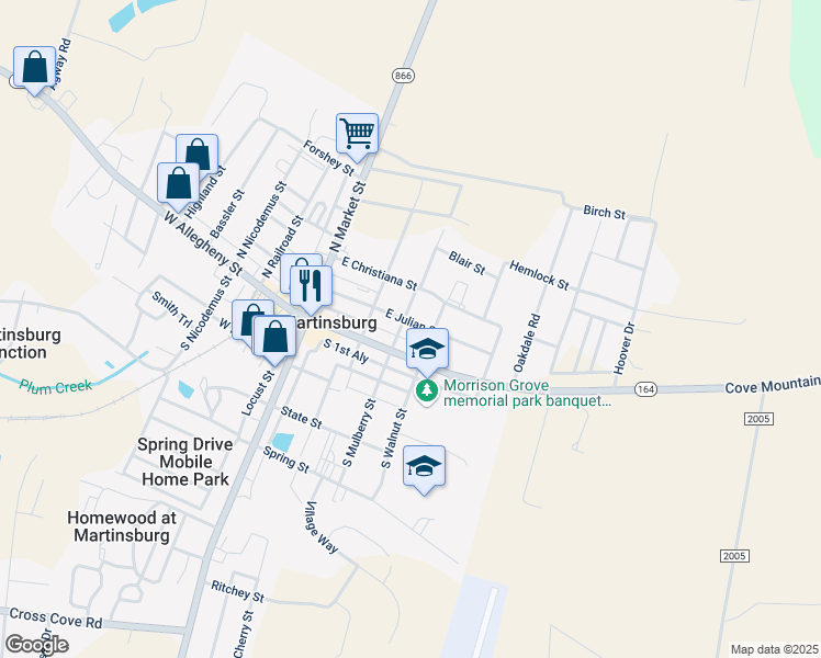 map of restaurants, bars, coffee shops, grocery stores, and more near 302 East Julian Street in Martinsburg
