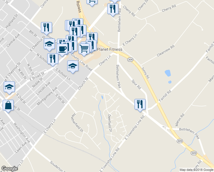 map of restaurants, bars, coffee shops, grocery stores, and more near 90 South County Line Road in Souderton