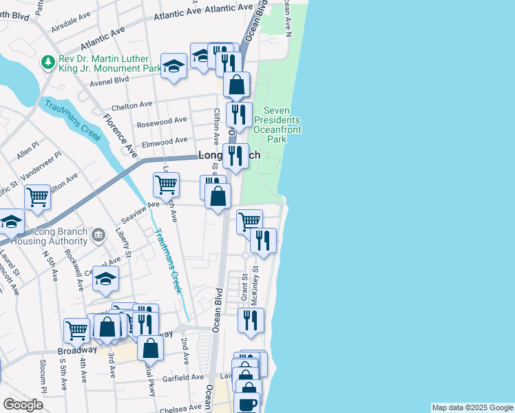 map of restaurants, bars, coffee shops, grocery stores, and more near 34 Seaview Avenue in Long Branch