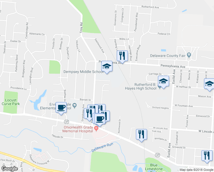 map of restaurants, bars, coffee shops, grocery stores, and more near 196 Georgetown Drive in Delaware