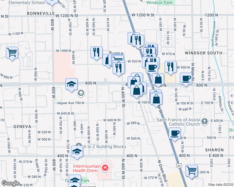 map of restaurants, bars, coffee shops, grocery stores, and more near 429 West 750 North Street in Orem