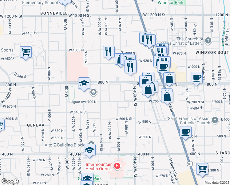 map of restaurants, bars, coffee shops, grocery stores, and more near 516 West 740 North Street in Orem