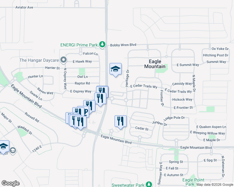 map of restaurants, bars, coffee shops, grocery stores, and more near 1658 E Talon Way in Eagle Mountain