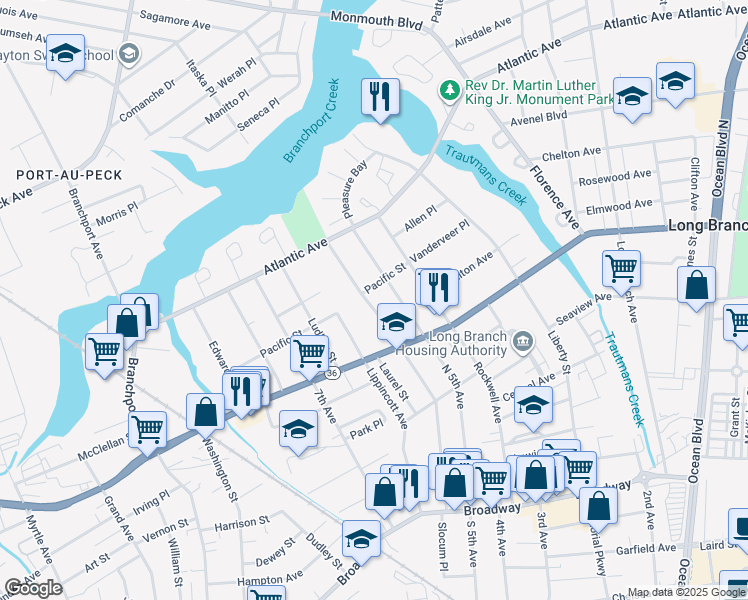 map of restaurants, bars, coffee shops, grocery stores, and more near 205 Sixth Avenue in Long Branch
