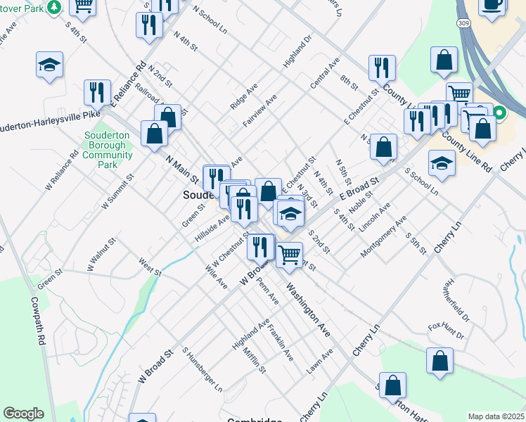 map of restaurants, bars, coffee shops, grocery stores, and more near 101 East Chestnut Street in Souderton
