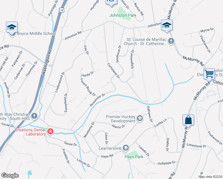 map of restaurants, bars, coffee shops, grocery stores, and more near 2584 Rossmoor Drive in Pittsburgh
