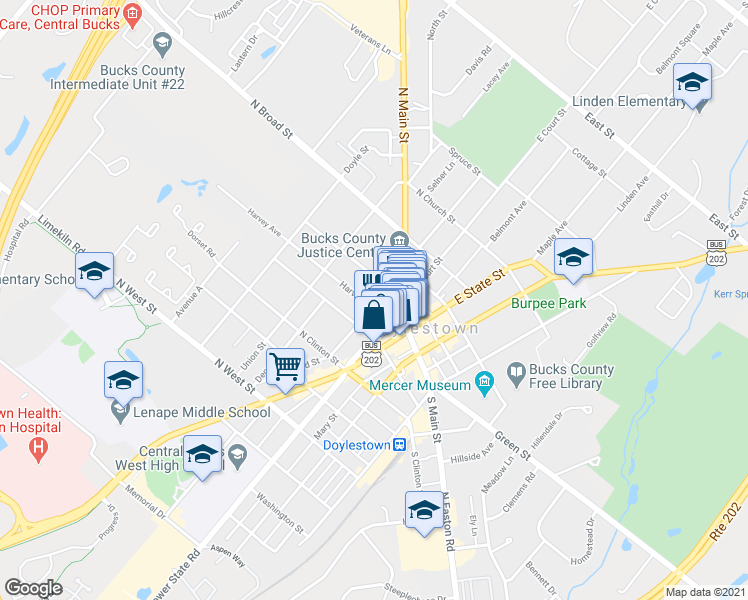 map of restaurants, bars, coffee shops, grocery stores, and more near 63 Harvey Avenue in Doylestown