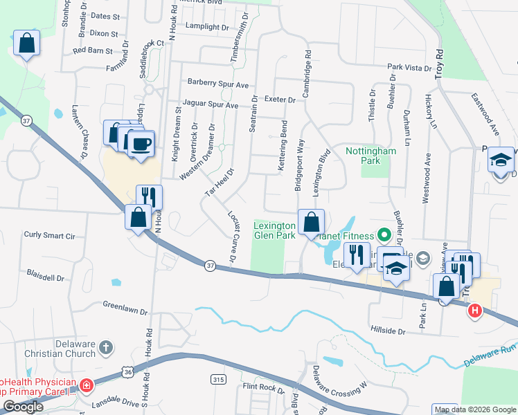 map of restaurants, bars, coffee shops, grocery stores, and more near 105 Providence Lane in Delaware