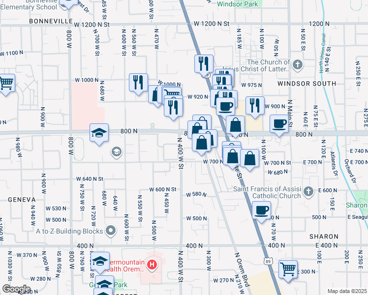 map of restaurants, bars, coffee shops, grocery stores, and more near 3 West 750 North Street in Orem