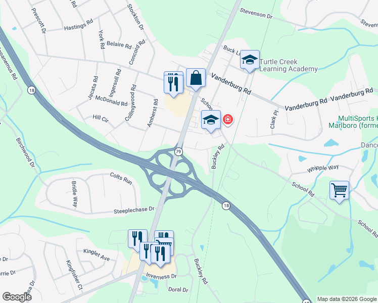 map of restaurants, bars, coffee shops, grocery stores, and more near 19 South Main Street in Marlboro
