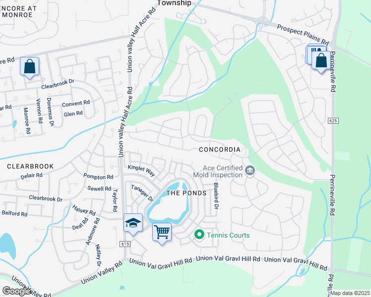 map of restaurants, bars, coffee shops, grocery stores, and more near 2A Spaulding Drive in Monroe Township