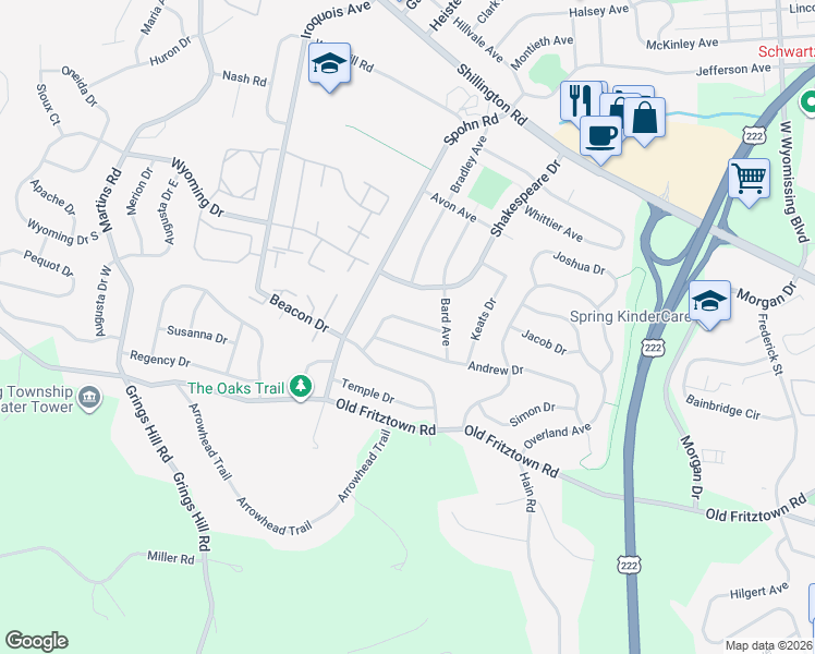 map of restaurants, bars, coffee shops, grocery stores, and more near 2708 Huyett Drive in Sinking Spring