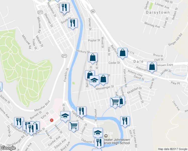 map of restaurants, bars, coffee shops, grocery stores, and more near 149 Golde Street in Johnstown