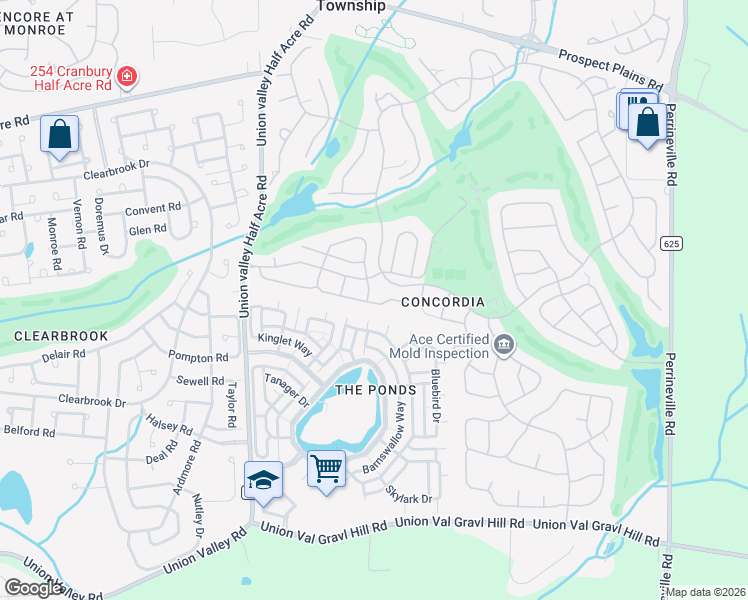 map of restaurants, bars, coffee shops, grocery stores, and more near 2A Spaulding Drive in Monroe Township