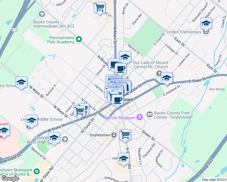 map of restaurants, bars, coffee shops, grocery stores, and more near 1 West Court Street in Doylestown