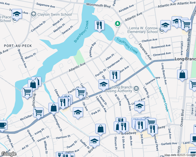 map of restaurants, bars, coffee shops, grocery stores, and more near 205 Sixth Avenue in Long Branch