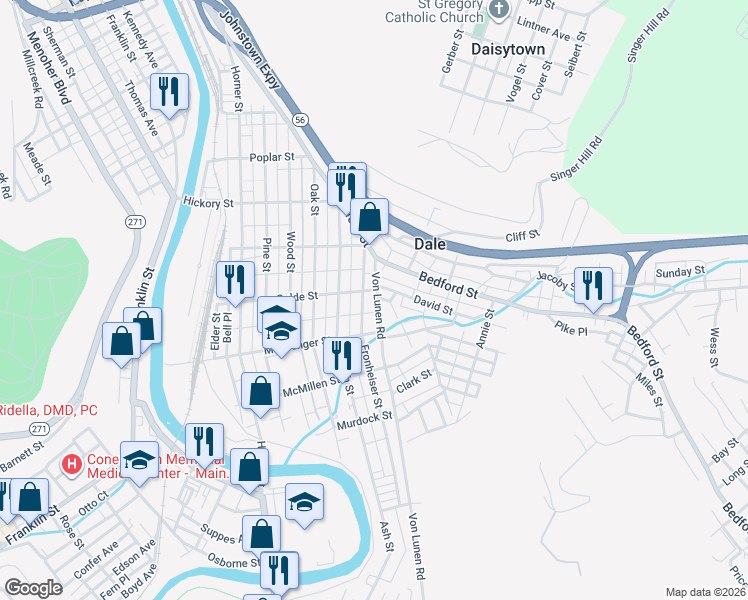 map of restaurants, bars, coffee shops, grocery stores, and more near 690 Von Lunen Road in Johnstown