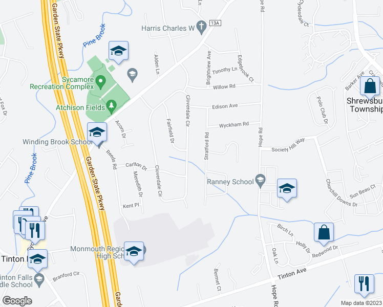 map of restaurants, bars, coffee shops, grocery stores, and more near 151 Cloverdale Circle in Tinton Falls