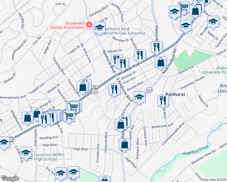map of restaurants, bars, coffee shops, grocery stores, and more near 1334 Fern Avenue in Reading