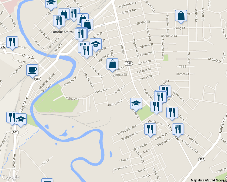 map of restaurants, bars, coffee shops, grocery stores, and more near 226 James Street in Latrobe