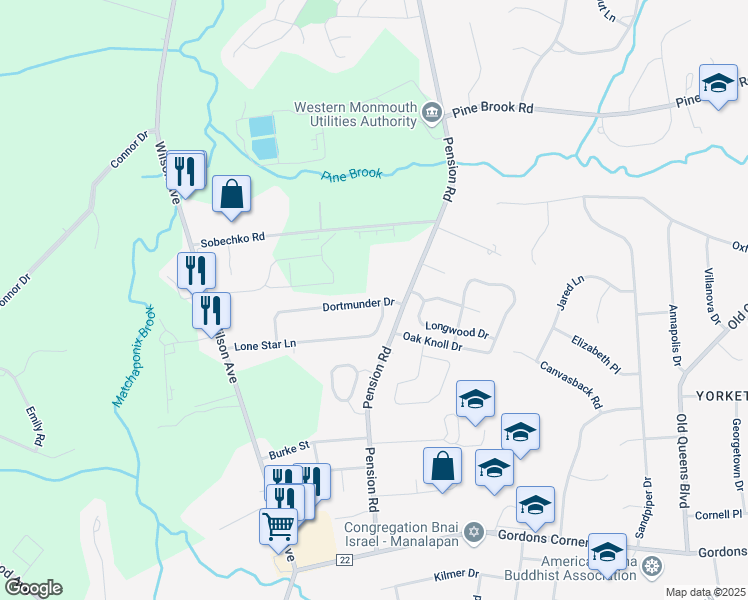 map of restaurants, bars, coffee shops, grocery stores, and more near 56 Dortmunder Drive in Manalapan Township