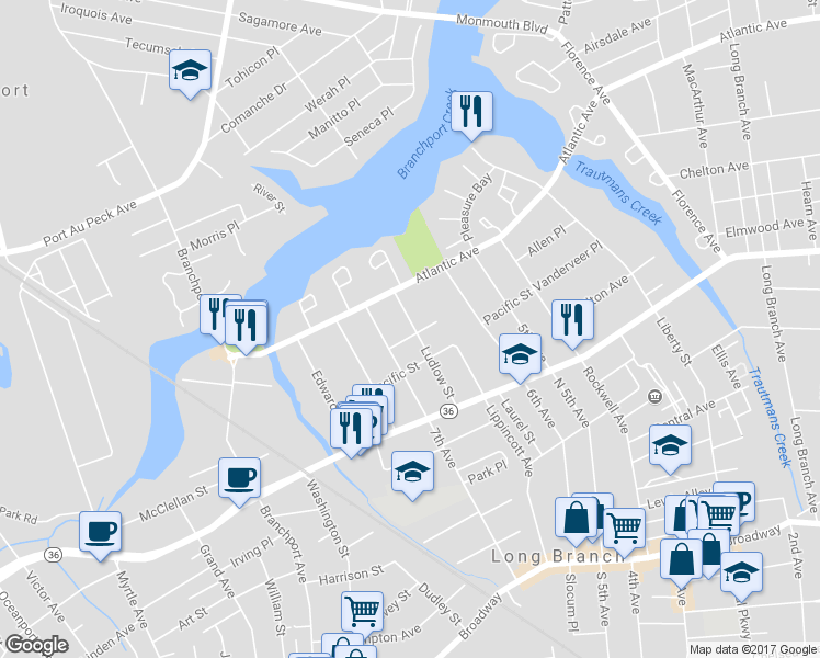 map of restaurants, bars, coffee shops, grocery stores, and more near 5 Eldora Terrace in Long Branch