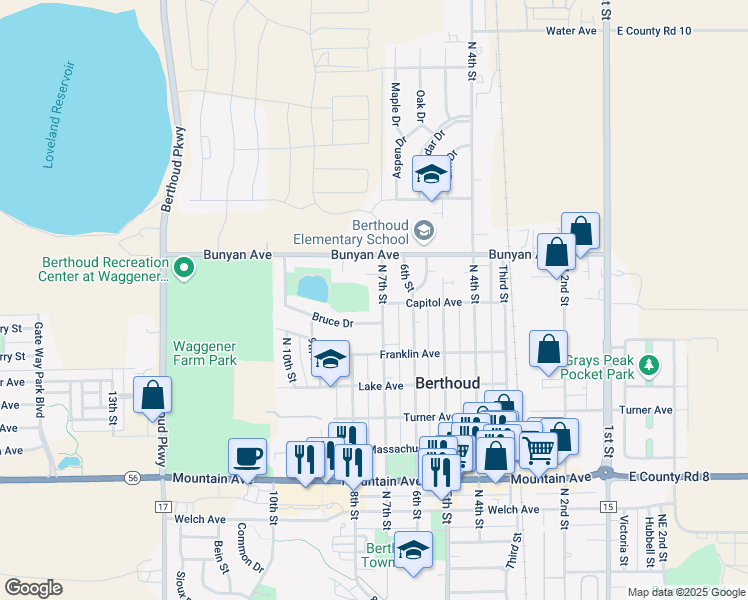map of restaurants, bars, coffee shops, grocery stores, and more near 1005 North 7th Street in Berthoud