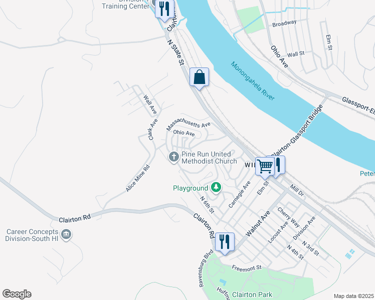 map of restaurants, bars, coffee shops, grocery stores, and more near 408 Dahlia Way in Clairton