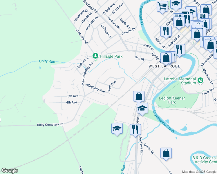 map of restaurants, bars, coffee shops, grocery stores, and more near 14 Dell Way in Latrobe