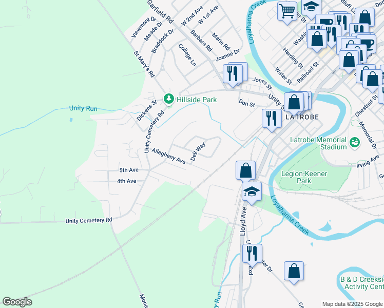 map of restaurants, bars, coffee shops, grocery stores, and more near 14 Dell Way in Latrobe