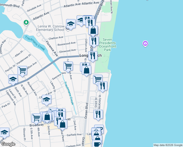 map of restaurants, bars, coffee shops, grocery stores, and more near 67 Seaview Avenue in Long Branch