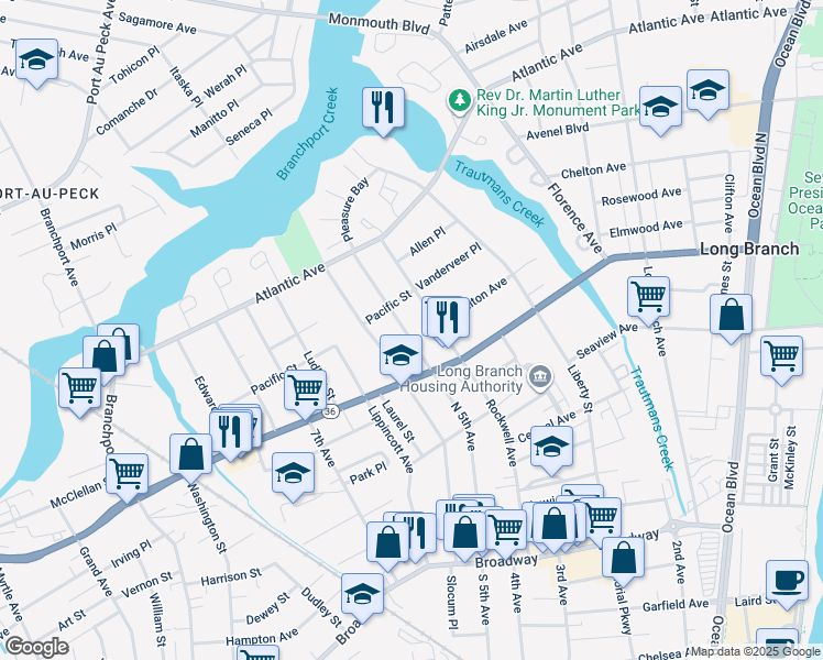 map of restaurants, bars, coffee shops, grocery stores, and more near 215 North 5th Avenue in Long Branch