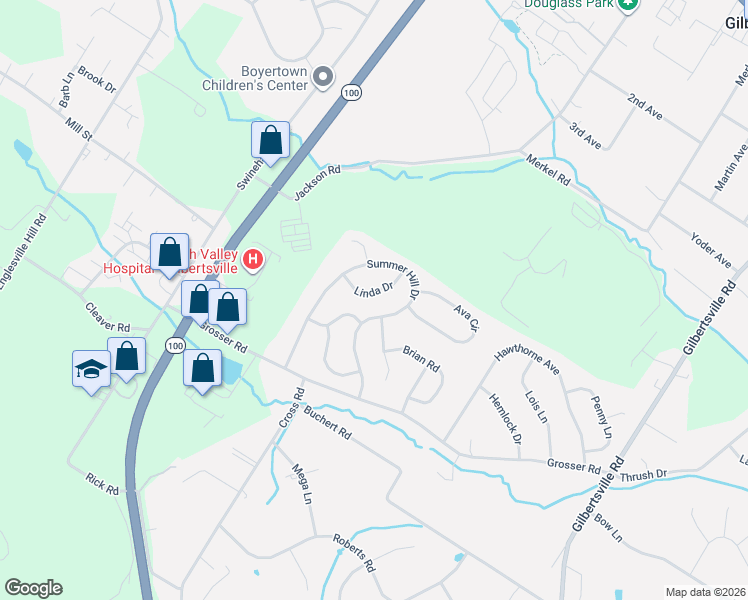 map of restaurants, bars, coffee shops, grocery stores, and more near 1150 Linda Dr in Gilbertsville