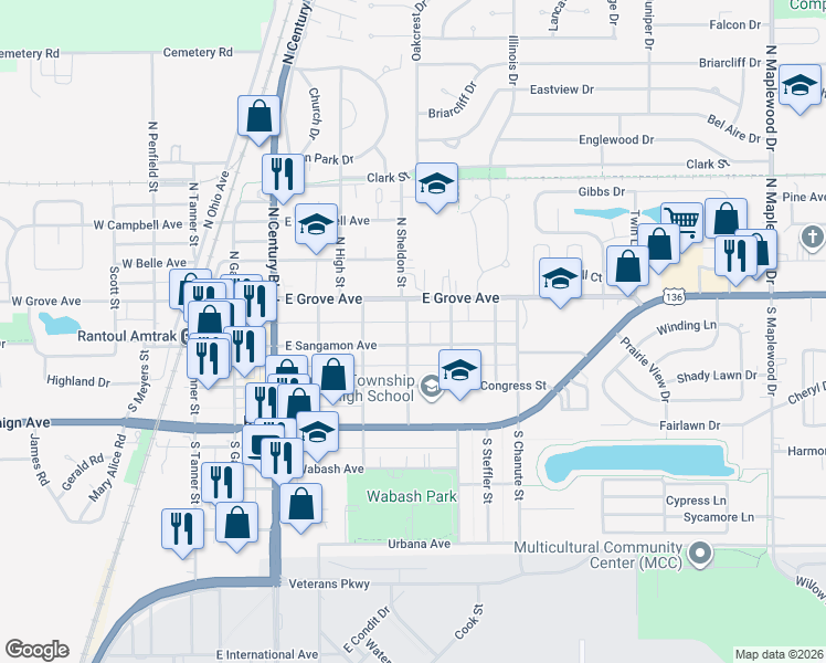 map of restaurants, bars, coffee shops, grocery stores, and more near 102 North Sheldon Street in Rantoul