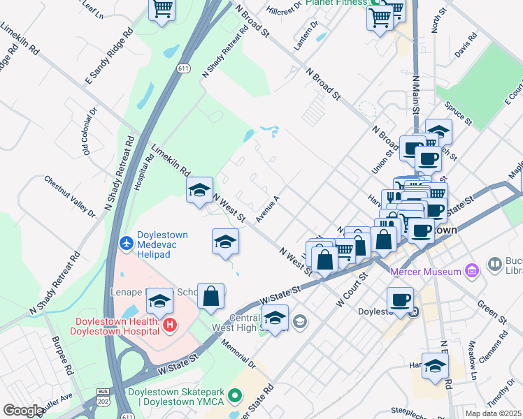 map of restaurants, bars, coffee shops, grocery stores, and more near 130 Westbury Court in Doylestown