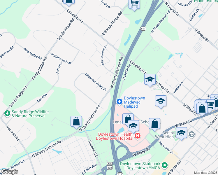 map of restaurants, bars, coffee shops, grocery stores, and more near 530 Chestnut Valley Drive in Doylestown
